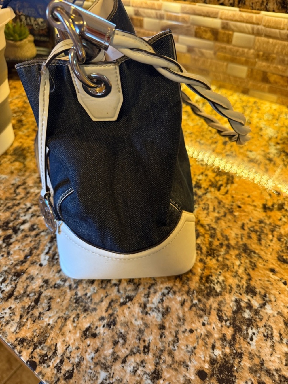 Michael Kors Navy Denim and White Drawstring Shoulder Bag - Picture 4 of 13